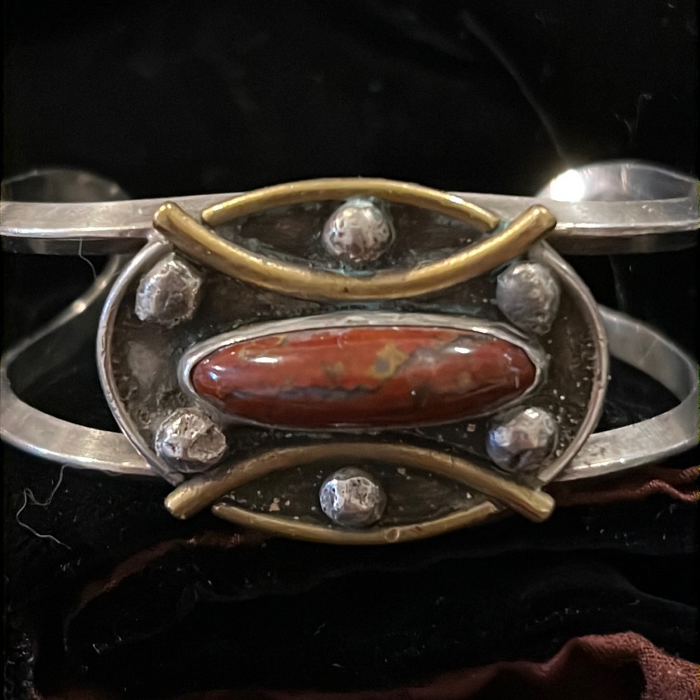 Handmade boho silver and brass agate stone unmarked cuff bracelet heavy